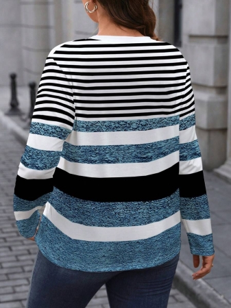 EMERY ROSE Plus Size Minimalist Colorblock Striped Print Long Sleeve T-Shirt - Image 11