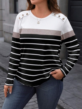 EMERY ROSE Plus Size Minimalist Colorblock Striped Print Long Sleeve T-Shirt - Image 14