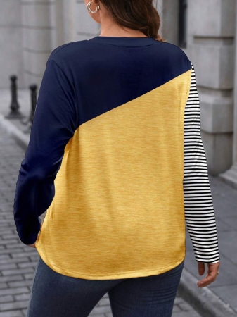EMERY ROSE Plus Size Minimalist Colorblock Striped Print Long Sleeve T-Shirt - Image 28
