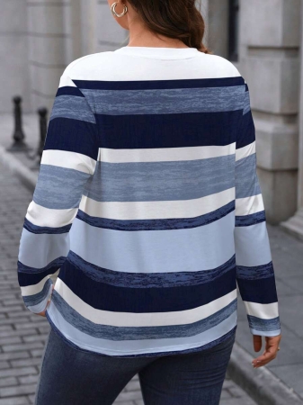 EMERY ROSE Plus Size Minimalist Colorblock Striped Print Long Sleeve T-Shirt - Image 36