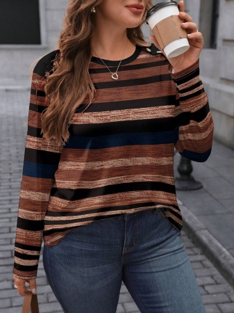 EMERY ROSE Plus Size Minimalist Colorblock Striped Print Long Sleeve T-Shirt - Image 45