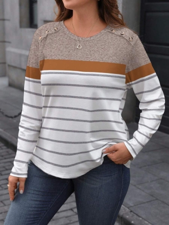 EMERY ROSE Plus Size Minimalist Colorblock Striped Print Long Sleeve T-Shirt - Image 47