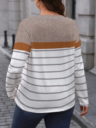 EMERY ROSE Plus Size Minimalist Colorblock Striped Print Long Sleeve T-Shirt - Image 48