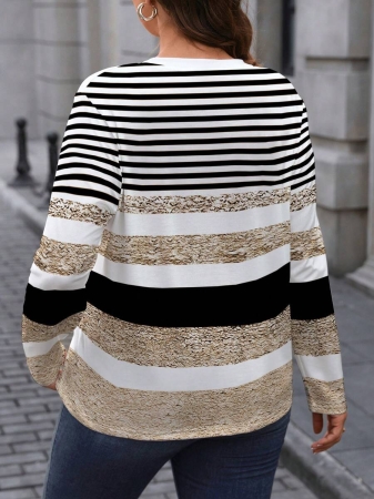 EMERY ROSE Plus Size Minimalist Colorblock Striped Print Long Sleeve T-Shirt - Image 60