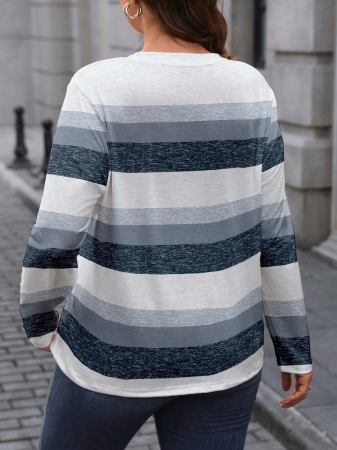 EMERY ROSE Plus Size Minimalist Colorblock Striped Print Long Sleeve T-Shirt - Image 68