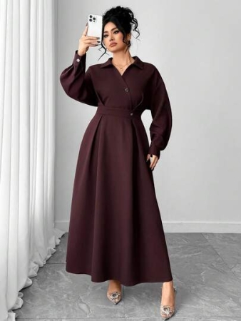 Elenzga Plus Size Women Long Waist Cinched Solid Color Dress