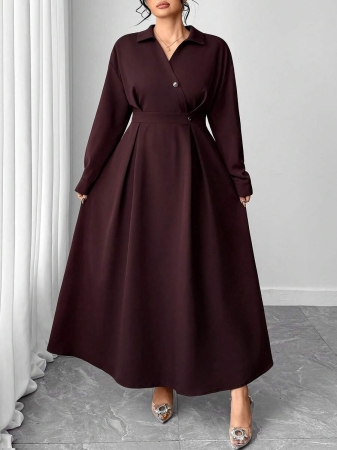 Elenzga Plus Size Women Long Waist Cinched Solid Color Dress - Image 4