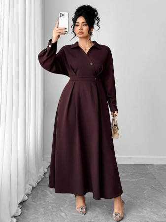 Elenzga Plus Size Women Long Waist Cinched Solid Color Dress - Image 7