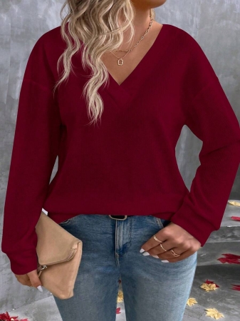 EMERY ROSE New Fashion Casual V-Neck Long Sleeve T-Shirt For Plus Size Women Fall Cloth For Women - Image 11