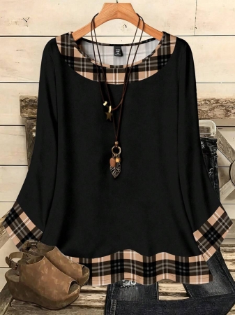 EMERY ROSE Plus Size Women's Casual Romantic Plaid Pattern Colorblock Print Round Neck Loose 3/4 Sleeve Shirt, Black Fall Tops Women Womens Casual Tops Casual Blouses For Women Business Casual Woman Top Quarter Sleeve Tops - Image 2