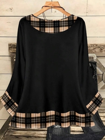 EMERY ROSE Plus Size Women's Casual Romantic Plaid Pattern Colorblock Print Round Neck Loose 3/4 Sleeve Shirt, Black Fall Tops Women Womens Casual Tops Casual Blouses For Women Business Casual Woman Top Quarter Sleeve Tops - Image 3