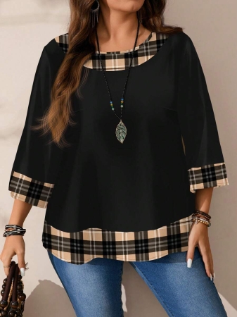 EMERY ROSE Plus Size Women's Casual Romantic Plaid Pattern Colorblock Print Round Neck Loose 3/4 Sleeve Shirt, Black Fall Tops Women Womens Casual Tops Casual Blouses For Women Business Casual Woman Top Quarter Sleeve Tops - Image 4