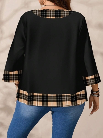EMERY ROSE Plus Size Women's Casual Romantic Plaid Pattern Colorblock Print Round Neck Loose 3/4 Sleeve Shirt, Black Fall Tops Women Womens Casual Tops Casual Blouses For Women Business Casual Woman Top Quarter Sleeve Tops - Image 5