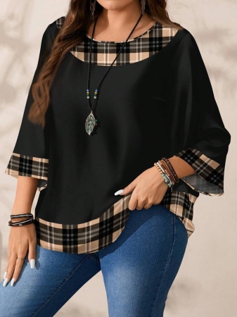 EMERY ROSE Plus Size Women's Casual Romantic Plaid Pattern Colorblock Print Round Neck Loose 3/4 Sleeve Shirt, Black Fall Tops Women Womens Casual Tops Casual Blouses For Women Business Casual Woman Top Quarter Sleeve Tops - Image 7