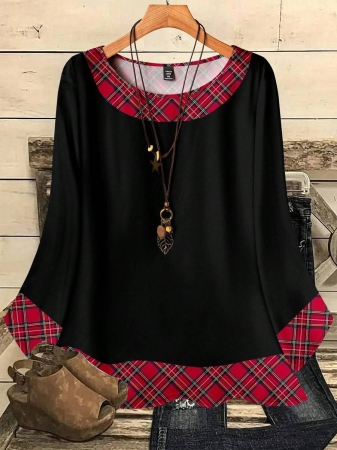 EMERY ROSE Plus Size Women's Casual Romantic Plaid Pattern Colorblock Print Round Neck Loose 3/4 Sleeve Shirt, Black Fall Tops Women Womens Casual Tops Casual Blouses For Women Business Casual Woman Top Quarter Sleeve Tops - Image 8