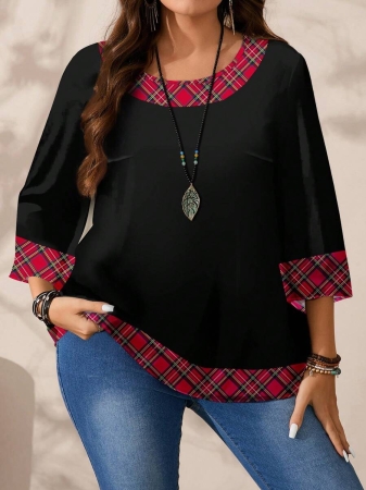 EMERY ROSE Plus Size Women's Casual Romantic Plaid Pattern Colorblock Print Round Neck Loose 3/4 Sleeve Shirt, Black Fall Tops Women Womens Casual Tops Casual Blouses For Women Business Casual Woman Top Quarter Sleeve Tops - Image 10