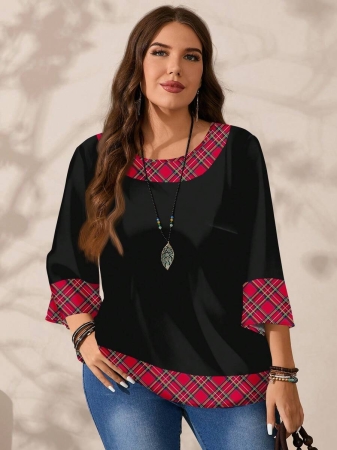 EMERY ROSE Plus Size Women's Casual Romantic Plaid Pattern Colorblock Print Round Neck Loose 3/4 Sleeve Shirt, Black Fall Tops Women Womens Casual Tops Casual Blouses For Women Business Casual Woman Top Quarter Sleeve Tops - Image 11