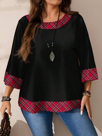 EMERY ROSE Plus Size Women's Casual Romantic Plaid Pattern Colorblock Print Round Neck Loose 3/4 Sleeve Shirt, Black Fall Tops Women Womens Casual Tops Casual Blouses For Women Business Casual Woman Top Quarter Sleeve Tops - Image 13