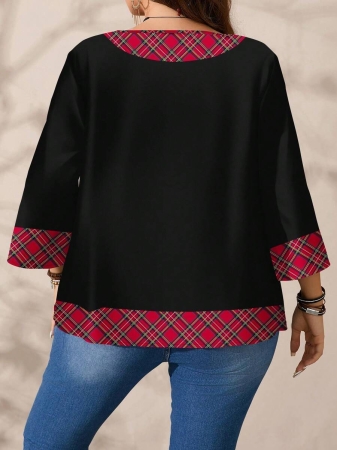 EMERY ROSE Plus Size Women's Casual Romantic Plaid Pattern Colorblock Print Round Neck Loose 3/4 Sleeve Shirt, Black Fall Tops Women Womens Casual Tops Casual Blouses For Women Business Casual Woman Top Quarter Sleeve Tops - Image 14