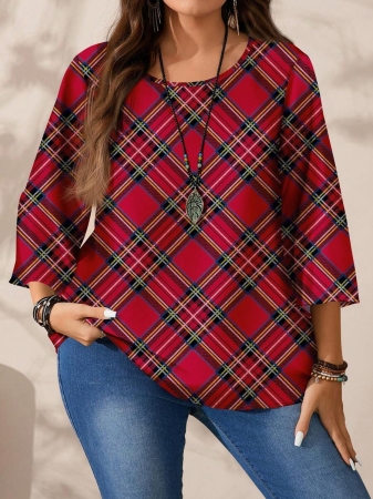 EMERY ROSE Plus Size Women's Casual Romantic Plaid Pattern Colorblock Print Round Neck Loose 3/4 Sleeve Shirt, Black Fall Tops Women Womens Casual Tops Casual Blouses For Women Business Casual Woman Top Quarter Sleeve Tops - Image 18