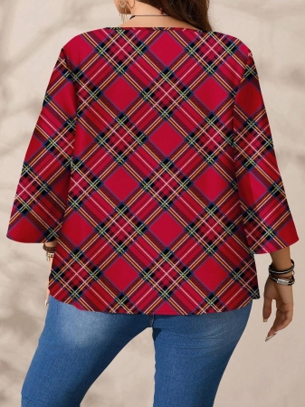 EMERY ROSE Plus Size Women's Casual Romantic Plaid Pattern Colorblock Print Round Neck Loose 3/4 Sleeve Shirt, Black Fall Tops Women Womens Casual Tops Casual Blouses For Women Business Casual Woman Top Quarter Sleeve Tops - Image 19