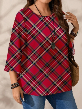 EMERY ROSE Plus Size Women's Casual Romantic Plaid Pattern Colorblock Print Round Neck Loose 3/4 Sleeve Shirt, Black Fall Tops Women Womens Casual Tops Casual Blouses For Women Business Casual Woman Top Quarter Sleeve Tops - Image 20