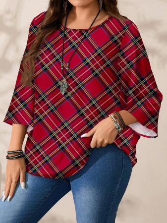 EMERY ROSE Plus Size Women's Casual Romantic Plaid Pattern Colorblock Print Round Neck Loose 3/4 Sleeve Shirt, Black Fall Tops Women Womens Casual Tops Casual Blouses For Women Business Casual Woman Top Quarter Sleeve Tops - Image 21