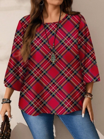 EMERY ROSE Plus Size Women's Casual Romantic Plaid Pattern Colorblock Print Round Neck Loose 3/4 Sleeve Shirt, Black Fall Tops Women Womens Casual Tops Casual Blouses For Women Business Casual Woman Top Quarter Sleeve Tops - Image 22