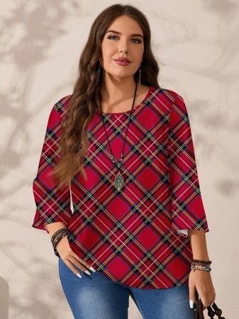 EMERY ROSE Plus Size Women's Casual Romantic Plaid Pattern Colorblock Print Round Neck Loose 3/4 Sleeve Shirt, Black Fall Tops Women Womens Casual Tops Casual Blouses For Women Business Casual Woman Top Quarter Sleeve Tops - Image 23