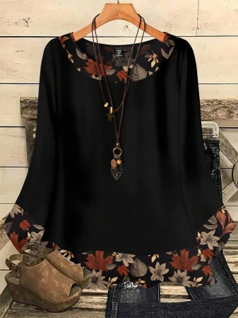 EMERY ROSE Plus Size Women's Casual Romantic Plaid Pattern Colorblock Print Round Neck Loose 3/4 Sleeve Shirt, Black Fall Tops Women Womens Casual Tops Casual Blouses For Women Business Casual Woman Top Quarter Sleeve Tops - Image 24