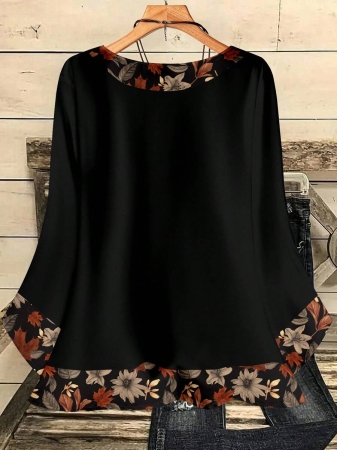 EMERY ROSE Plus Size Women's Casual Romantic Plaid Pattern Colorblock Print Round Neck Loose 3/4 Sleeve Shirt, Black Fall Tops Women Womens Casual Tops Casual Blouses For Women Business Casual Woman Top Quarter Sleeve Tops - Image 25