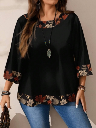 EMERY ROSE Plus Size Women's Casual Romantic Plaid Pattern Colorblock Print Round Neck Loose 3/4 Sleeve Shirt, Black Fall Tops Women Womens Casual Tops Casual Blouses For Women Business Casual Woman Top Quarter Sleeve Tops - Image 26