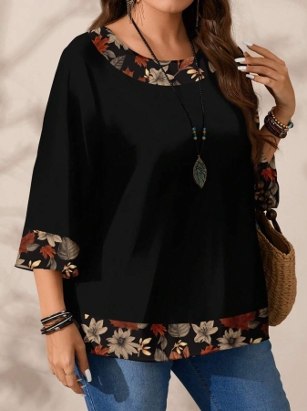 EMERY ROSE Plus Size Women's Casual Romantic Plaid Pattern Colorblock Print Round Neck Loose 3/4 Sleeve Shirt, Black Fall Tops Women Womens Casual Tops Casual Blouses For Women Business Casual Woman Top Quarter Sleeve Tops - Image 29