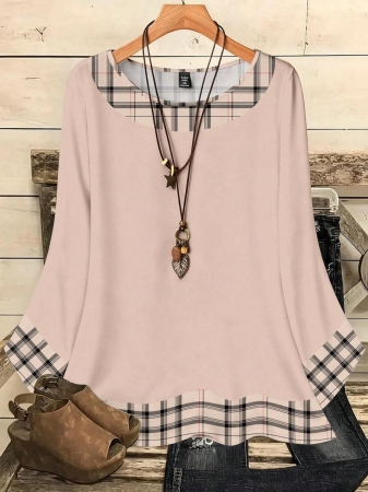 EMERY ROSE Plus Size Women's Casual Romantic Plaid Pattern Colorblock Print Round Neck Loose 3/4 Sleeve Shirt, Black Fall Tops Women Womens Casual Tops Casual Blouses For Women Business Casual Woman Top Quarter Sleeve Tops - Image 31