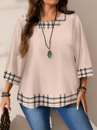EMERY ROSE Plus Size Women's Casual Romantic Plaid Pattern Colorblock Print Round Neck Loose 3/4 Sleeve Shirt, Black Fall Tops Women Womens Casual Tops Casual Blouses For Women Business Casual Woman Top Quarter Sleeve Tops - Image 33