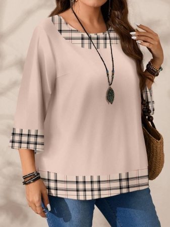 EMERY ROSE Plus Size Women's Casual Romantic Plaid Pattern Colorblock Print Round Neck Loose 3/4 Sleeve Shirt, Black Fall Tops Women Womens Casual Tops Casual Blouses For Women Business Casual Woman Top Quarter Sleeve Tops - Image 36