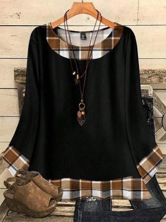 EMERY ROSE Plus Size Women's Casual Romantic Plaid Pattern Colorblock Print Round Neck Loose 3/4 Sleeve Shirt, Black Fall Tops Women Womens Casual Tops Casual Blouses For Women Business Casual Woman Top Quarter Sleeve Tops - Image 37