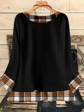 EMERY ROSE Plus Size Women's Casual Romantic Plaid Pattern Colorblock Print Round Neck Loose 3/4 Sleeve Shirt, Black Fall Tops Women Womens Casual Tops Casual Blouses For Women Business Casual Woman Top Quarter Sleeve Tops - Image 38