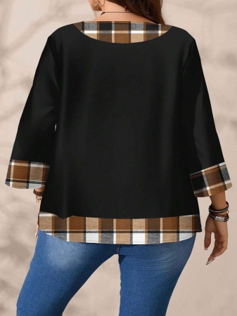 EMERY ROSE Plus Size Women's Casual Romantic Plaid Pattern Colorblock Print Round Neck Loose 3/4 Sleeve Shirt, Black Fall Tops Women Womens Casual Tops Casual Blouses For Women Business Casual Woman Top Quarter Sleeve Tops - Image 40