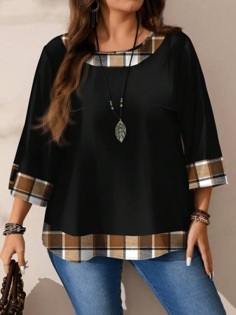 EMERY ROSE Plus Size Women's Casual Romantic Plaid Pattern Colorblock Print Round Neck Loose 3/4 Sleeve Shirt, Black Fall Tops Women Womens Casual Tops Casual Blouses For Women Business Casual Woman Top Quarter Sleeve Tops - Image 41