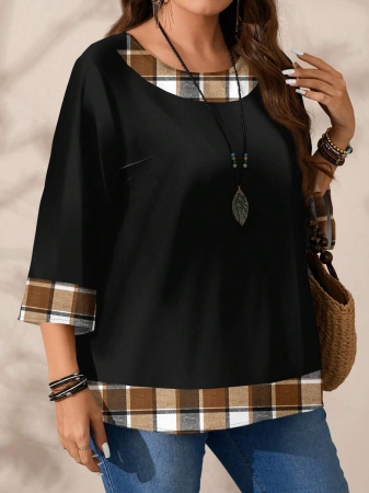 EMERY ROSE Plus Size Women's Casual Romantic Plaid Pattern Colorblock Print Round Neck Loose 3/4 Sleeve Shirt, Black Fall Tops Women Womens Casual Tops Casual Blouses For Women Business Casual Woman Top Quarter Sleeve Tops - Image 42
