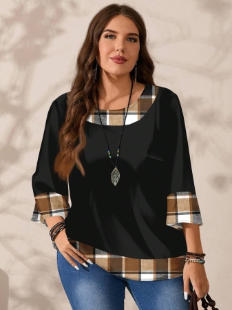 EMERY ROSE Plus Size Women's Casual Romantic Plaid Pattern Colorblock Print Round Neck Loose 3/4 Sleeve Shirt, Black Fall Tops Women Womens Casual Tops Casual Blouses For Women Business Casual Woman Top Quarter Sleeve Tops - Image 43