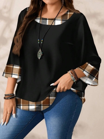 EMERY ROSE Plus Size Women's Casual Romantic Plaid Pattern Colorblock Print Round Neck Loose 3/4 Sleeve Shirt, Black Fall Tops Women Womens Casual Tops Casual Blouses For Women Business Casual Woman Top Quarter Sleeve Tops - Image 44