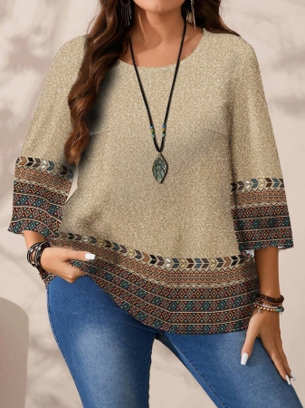 EMERY ROSE Plus Size Women's Casual Romantic Plaid Pattern Colorblock Print Round Neck Loose 3/4 Sleeve Shirt, Black Fall Tops Women Womens Casual Tops Casual Blouses For Women Business Casual Woman Top Quarter Sleeve Tops - Image 47