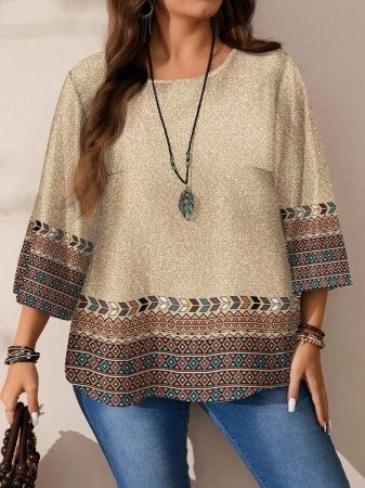 EMERY ROSE Plus Size Women's Casual Romantic Plaid Pattern Colorblock Print Round Neck Loose 3/4 Sleeve Shirt, Black Fall Tops Women Womens Casual Tops Casual Blouses For Women Business Casual Woman Top Quarter Sleeve Tops - Image 48