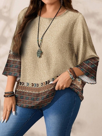 EMERY ROSE Plus Size Women's Casual Romantic Plaid Pattern Colorblock Print Round Neck Loose 3/4 Sleeve Shirt, Black Fall Tops Women Womens Casual Tops Casual Blouses For Women Business Casual Woman Top Quarter Sleeve Tops - Image 50