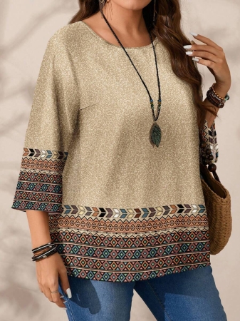 EMERY ROSE Plus Size Women's Casual Romantic Plaid Pattern Colorblock Print Round Neck Loose 3/4 Sleeve Shirt, Black Fall Tops Women Womens Casual Tops Casual Blouses For Women Business Casual Woman Top Quarter Sleeve Tops - Image 52