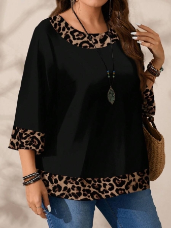 EMERY ROSE Plus Size Women's Casual Romantic Plaid Pattern Colorblock Print Round Neck Loose 3/4 Sleeve Shirt, Black Fall Tops Women Womens Casual Tops Casual Blouses For Women Business Casual Woman Top Quarter Sleeve Tops - Image 57