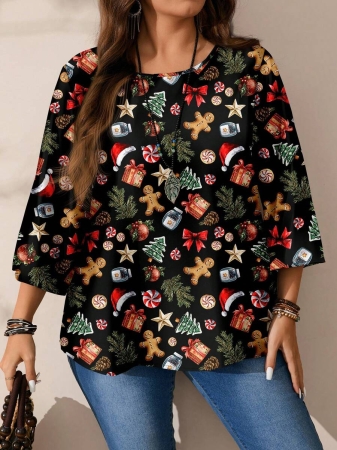 EMERY ROSE Plus Size Women's Casual Romantic Plaid Pattern Colorblock Print Round Neck Loose 3/4 Sleeve Shirt, Black Fall Tops Women Womens Casual Tops Casual Blouses For Women Business Casual Woman Top Quarter Sleeve Tops - Image 62