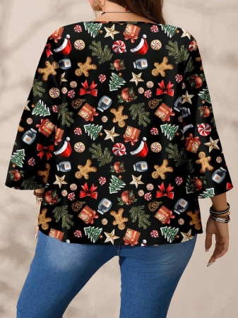 EMERY ROSE Plus Size Women's Casual Romantic Plaid Pattern Colorblock Print Round Neck Loose 3/4 Sleeve Shirt, Black Fall Tops Women Womens Casual Tops Casual Blouses For Women Business Casual Woman Top Quarter Sleeve Tops - Image 63